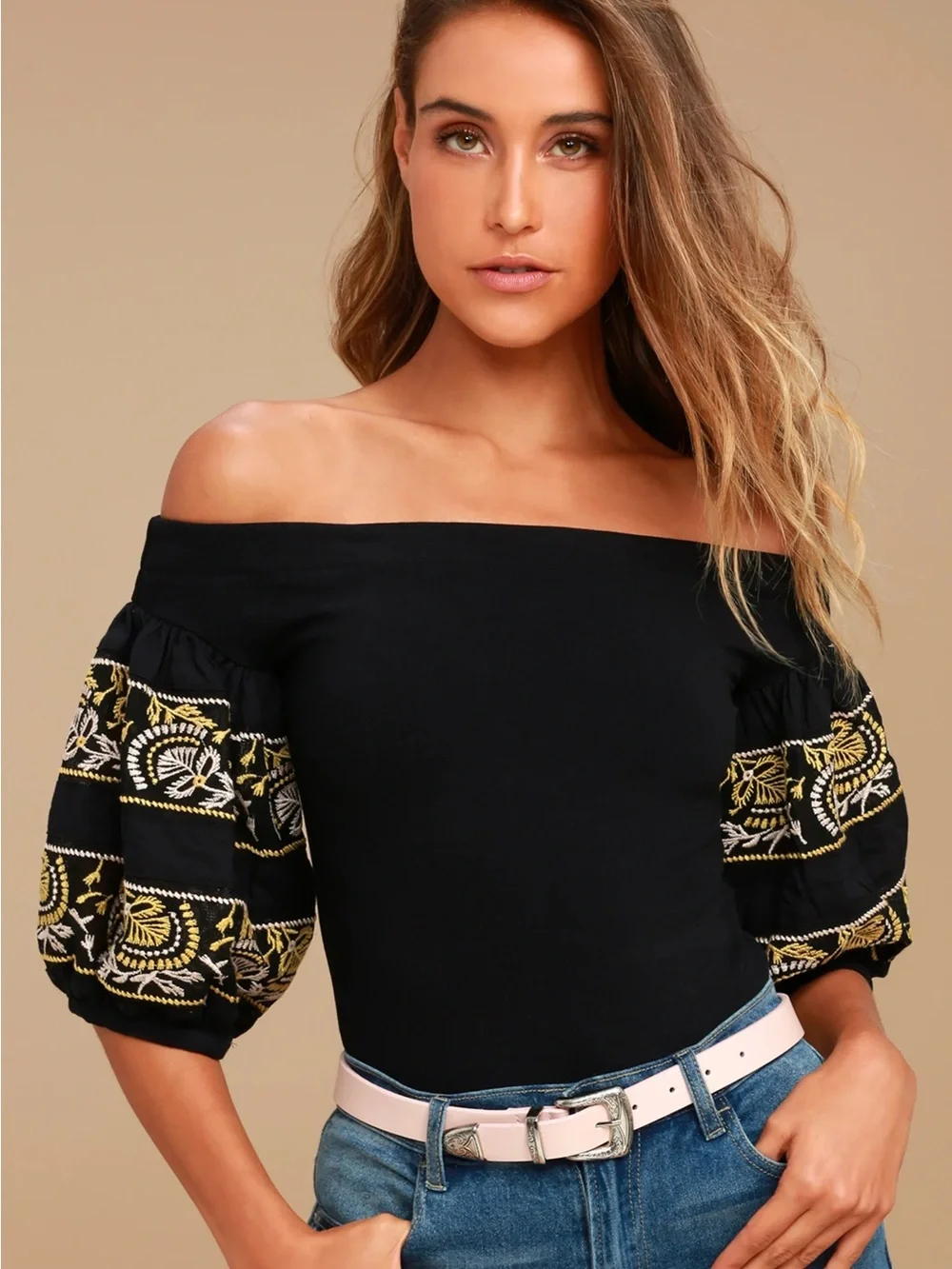 Free People Black Off-Shoulder Puff Sleeve Top with Yellow & White Embroidery M